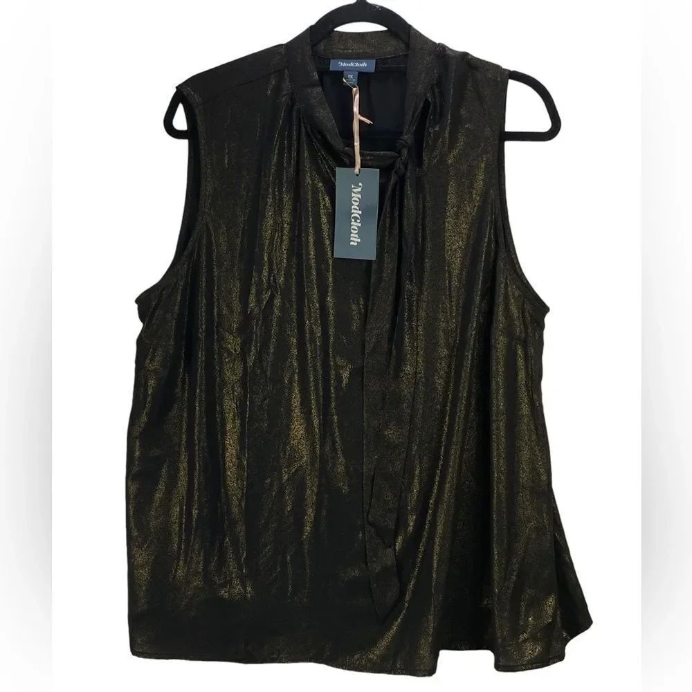 ModCloth Wm’s Sz 1X Black Gold Shimmer Woven You Know Tie Neck Sleeveless Blouse